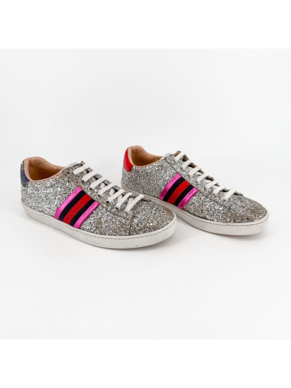 Gucci Ace Chunky Silver Glitter Low Top Sneakers Web Stripe Size 37 US 7 Women's